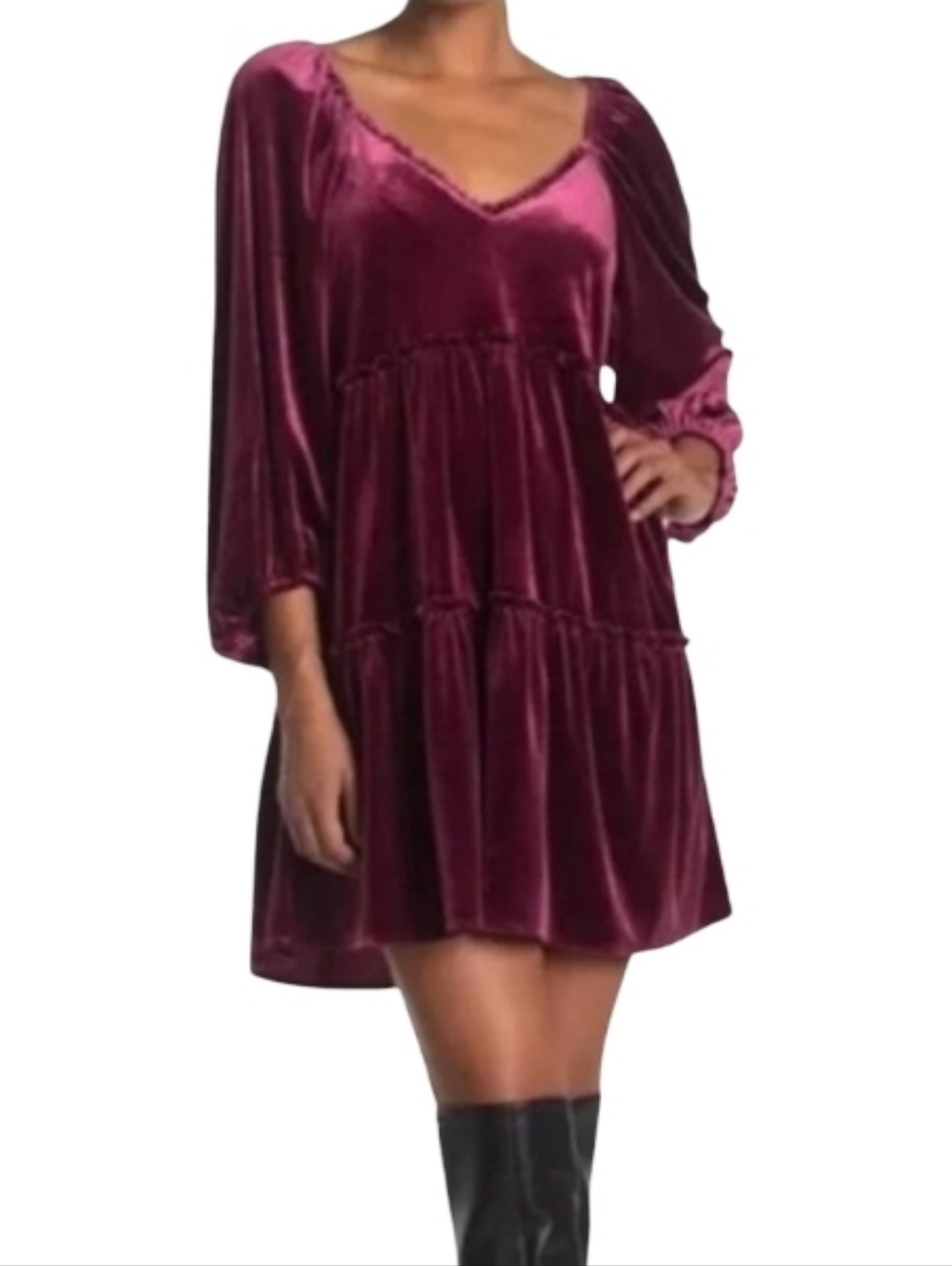 Betsey Johnson Velvet Tiered Babydoll Dress In Burgundy - Picture 12 of 16